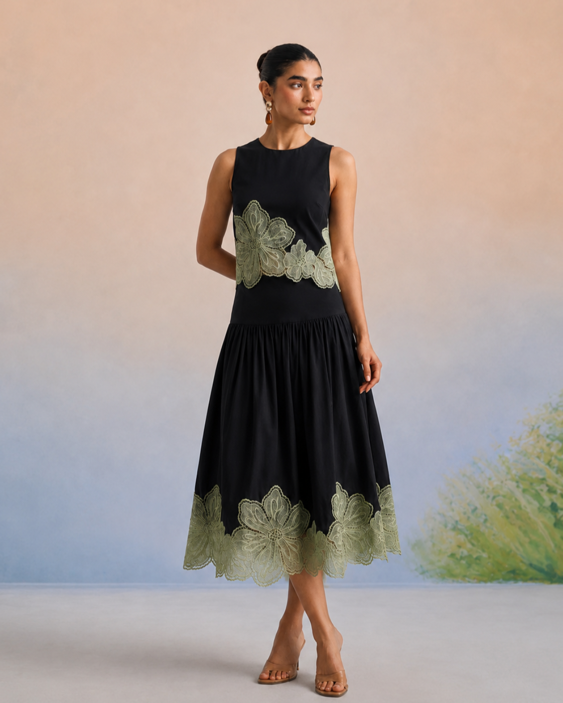 Bulevar Blossom - The Milan Noir & Sage Appliqué Skirt Set