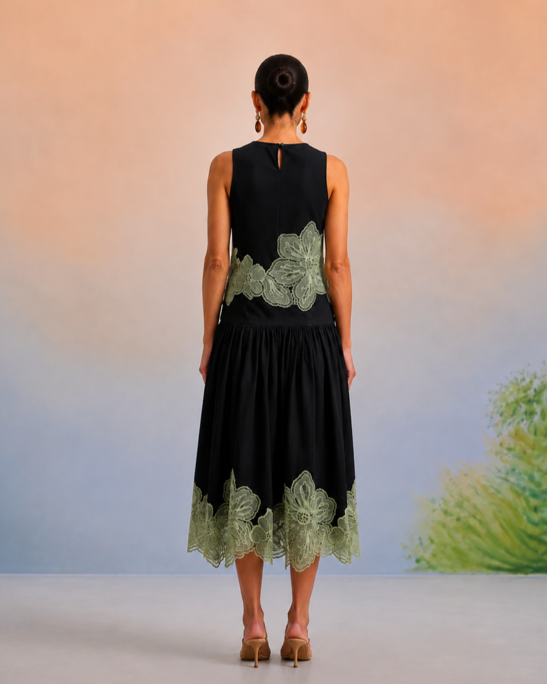The Milan Noir & Sage Appliqué Skirt Set