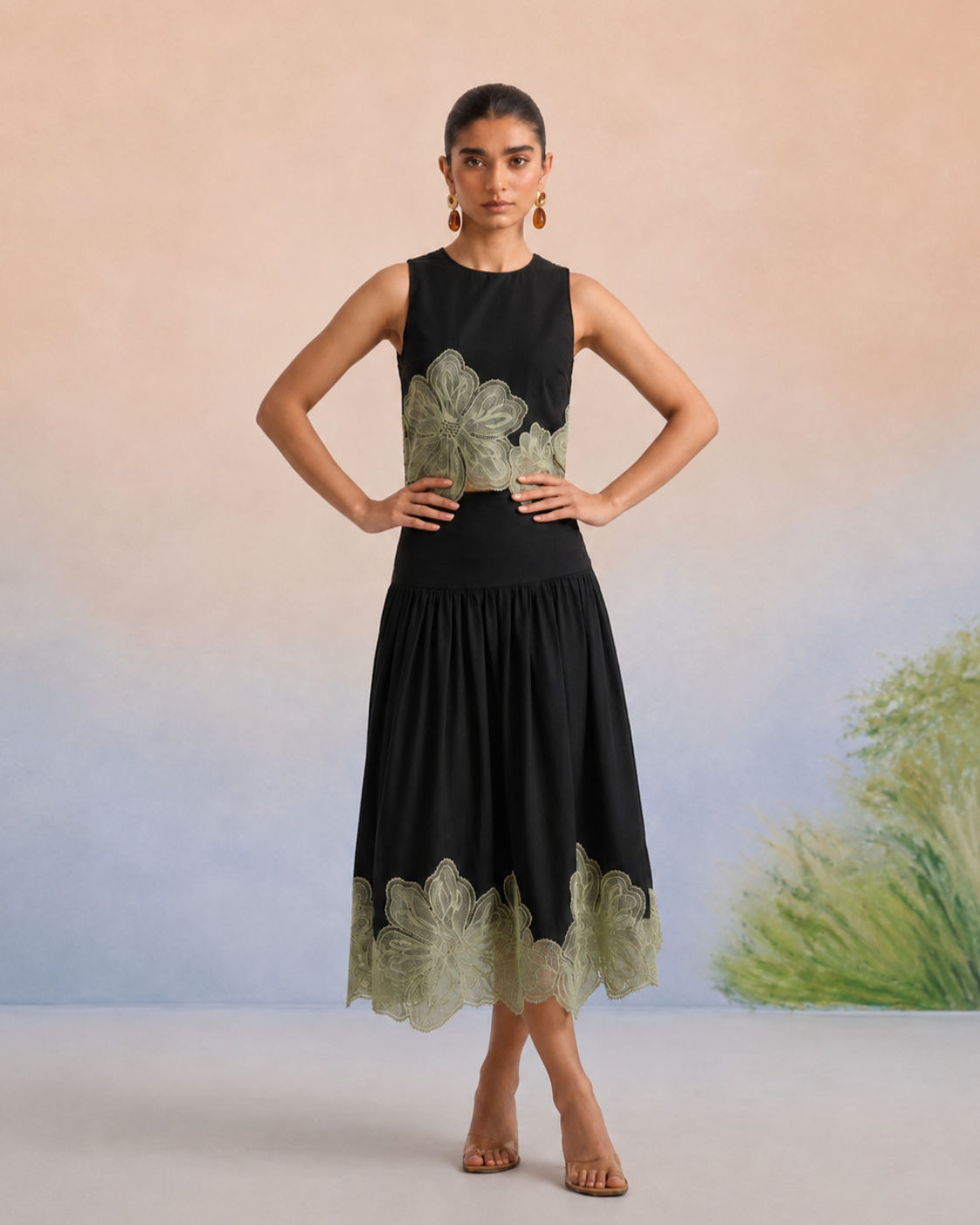 Bulevar Blossom - The Milan Noir & Sage Appliqué Skirt Set