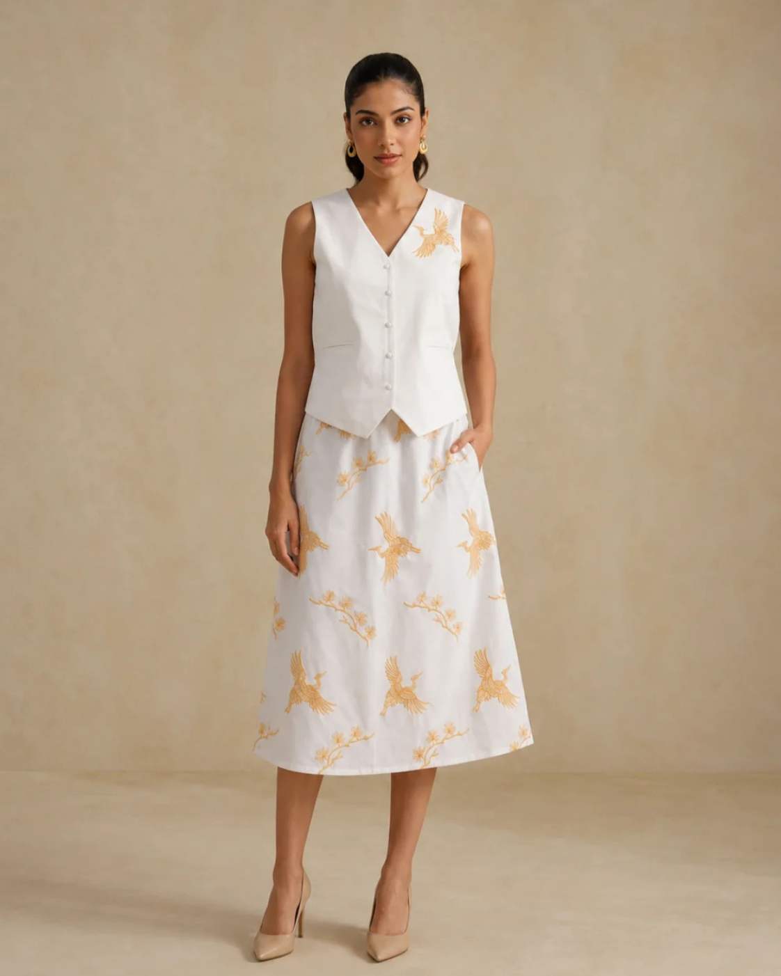 The Gilded Crane White Waistcoat & Skirt Set