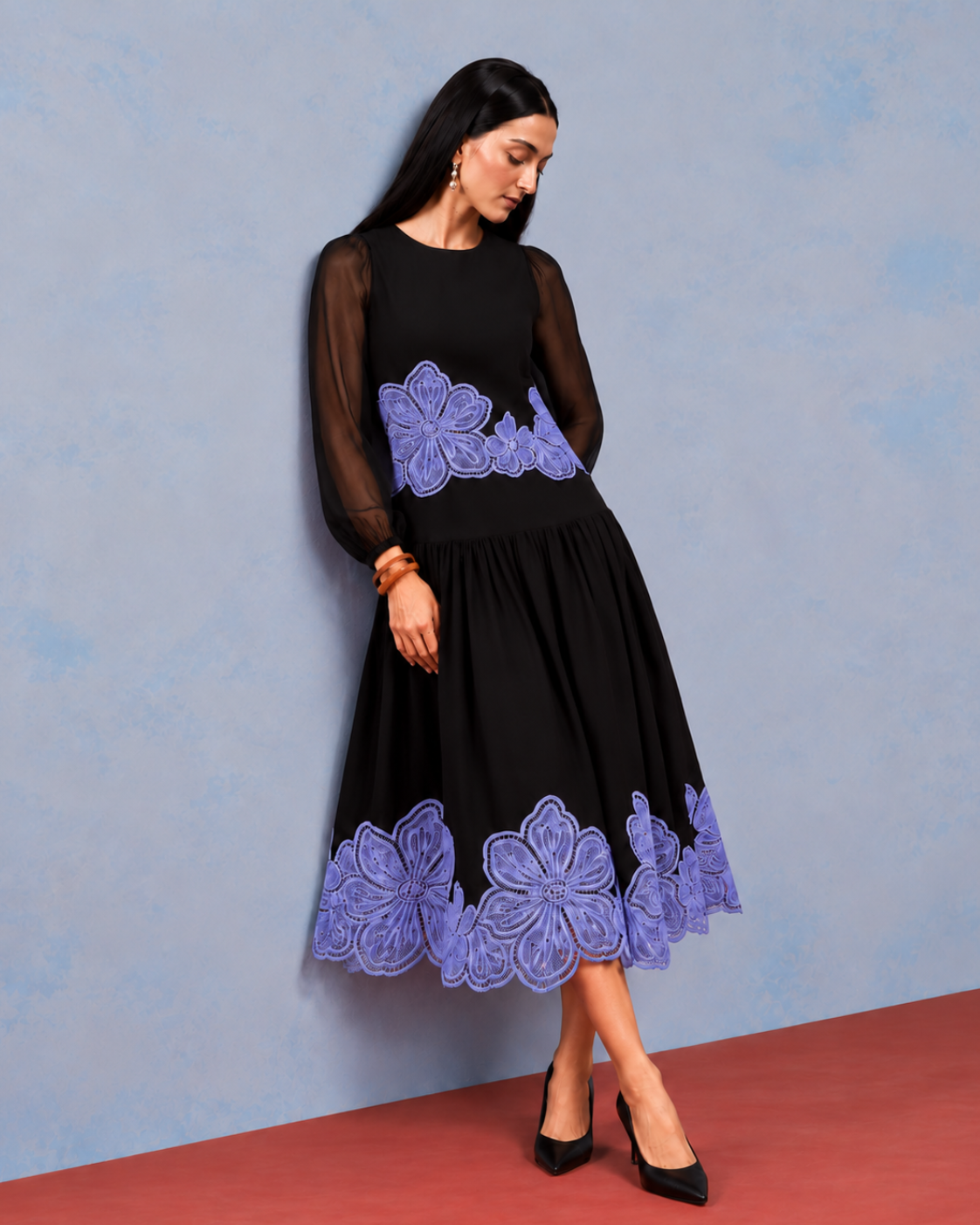 The Celine Noir & Iris Appliqué Skirt Set