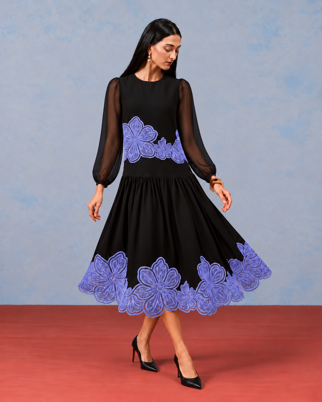 The Celine Noir & Iris Appliqué Skirt Set
