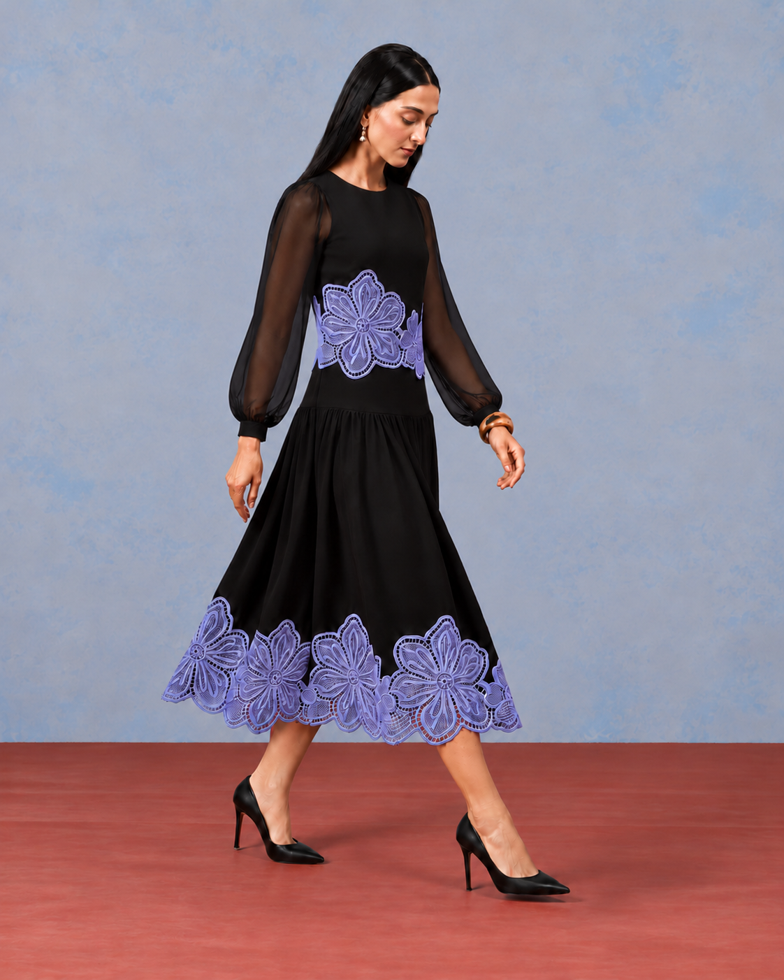 The Celine Noir & Iris Appliqué Skirt Set