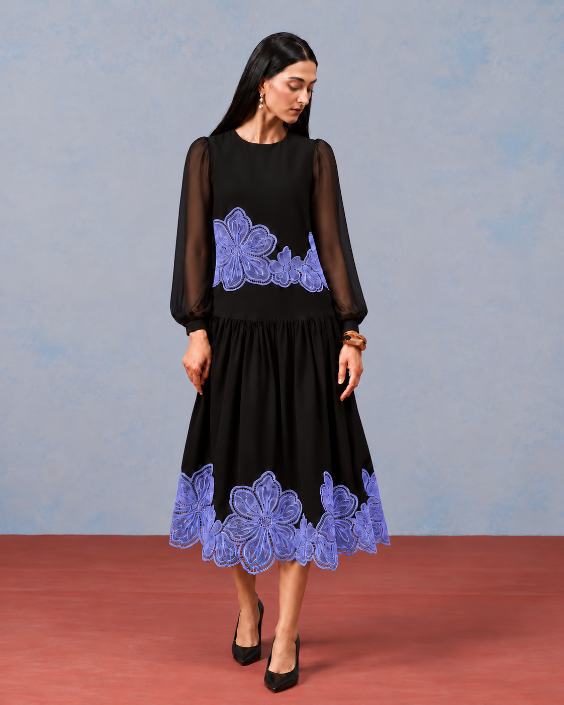 The Celine Noir & Iris Appliqué Skirt Set