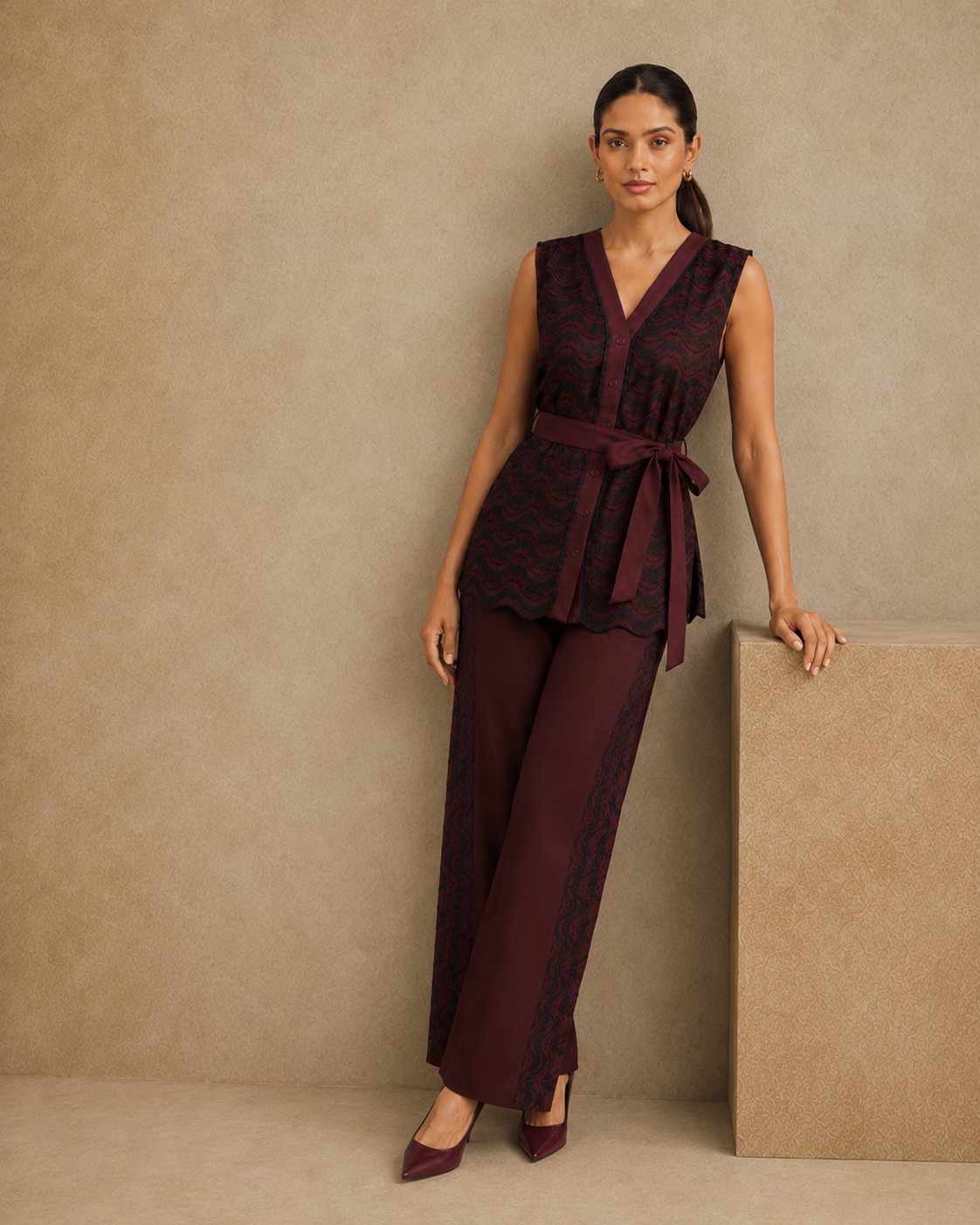 Sunset Soiree - The Merlot Wave Sleeveless Shirt & Trouser Set
