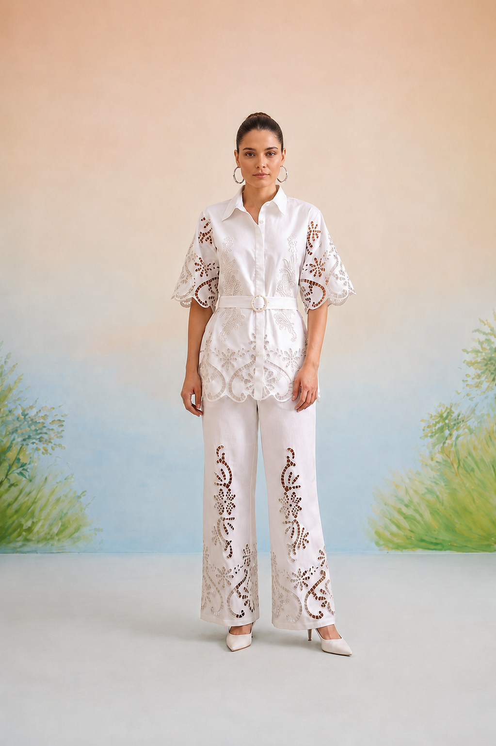 Payal Sewani in The Casablanca Ivory White Cutwork Shirt & Pant Set