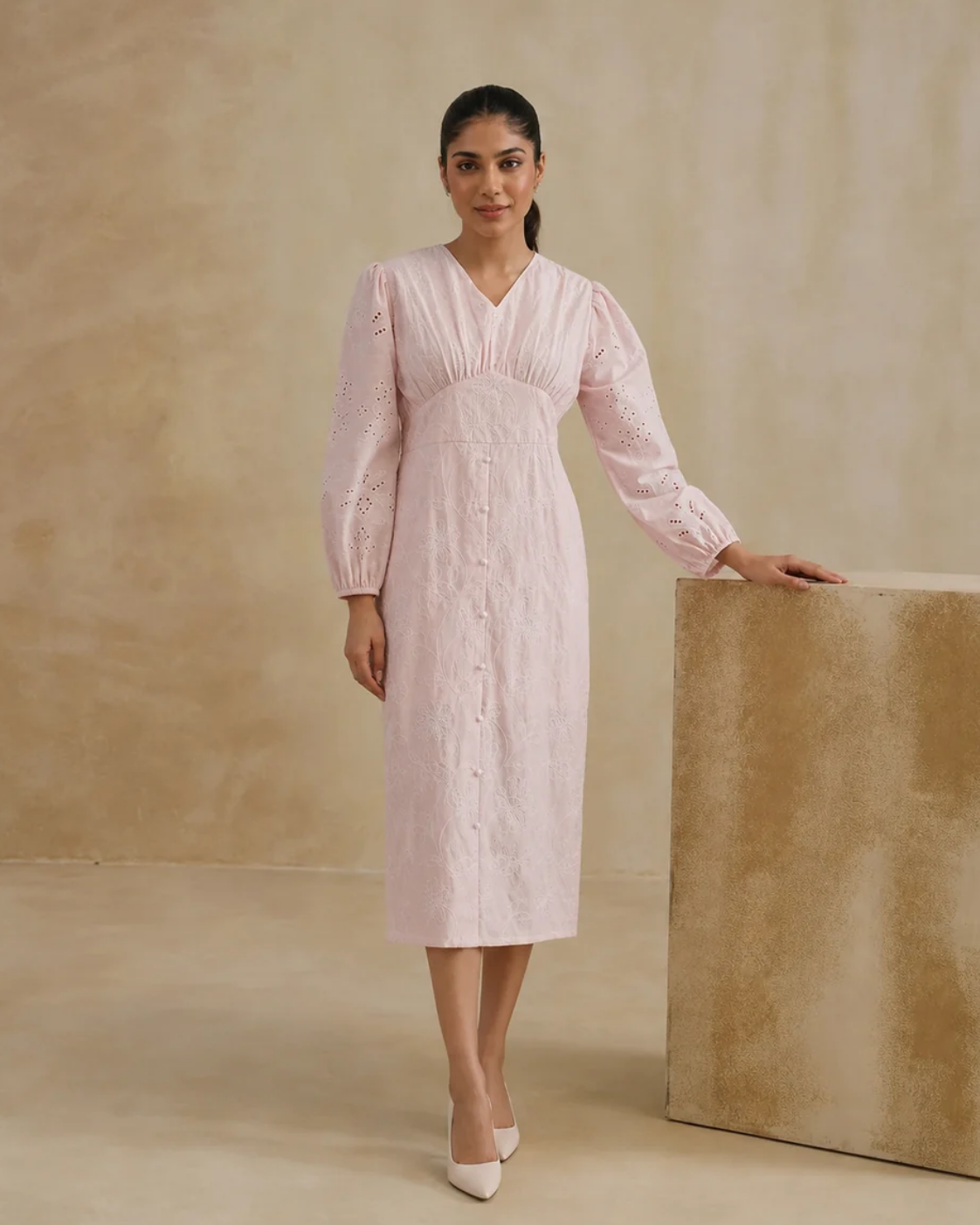 Sunset Soiree - The Rosalie Powder Pink Floral Embroidered Midi Dress