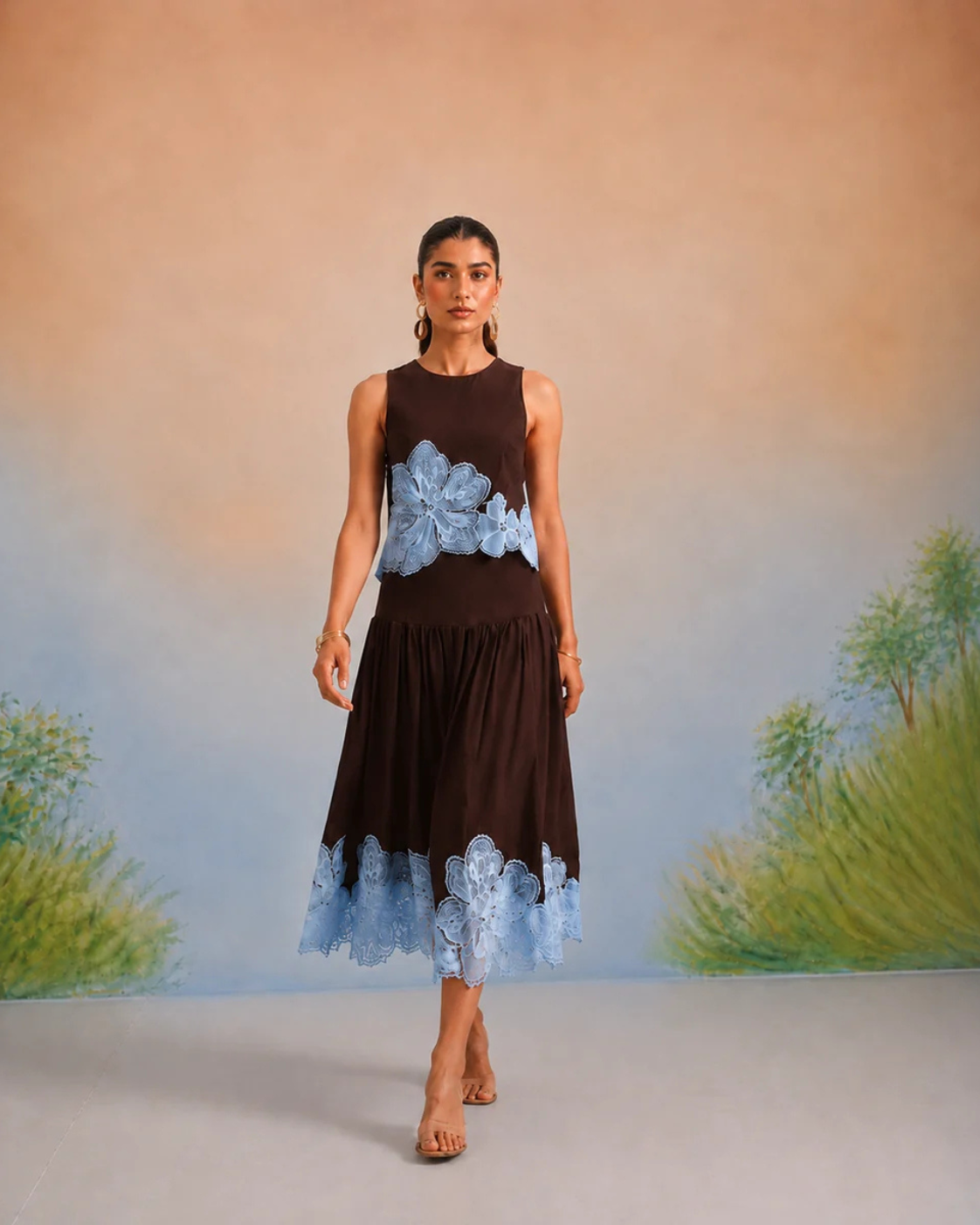 Bulevar Blossom - The Geneva Espresso & Azure Appliqué Skirt Set