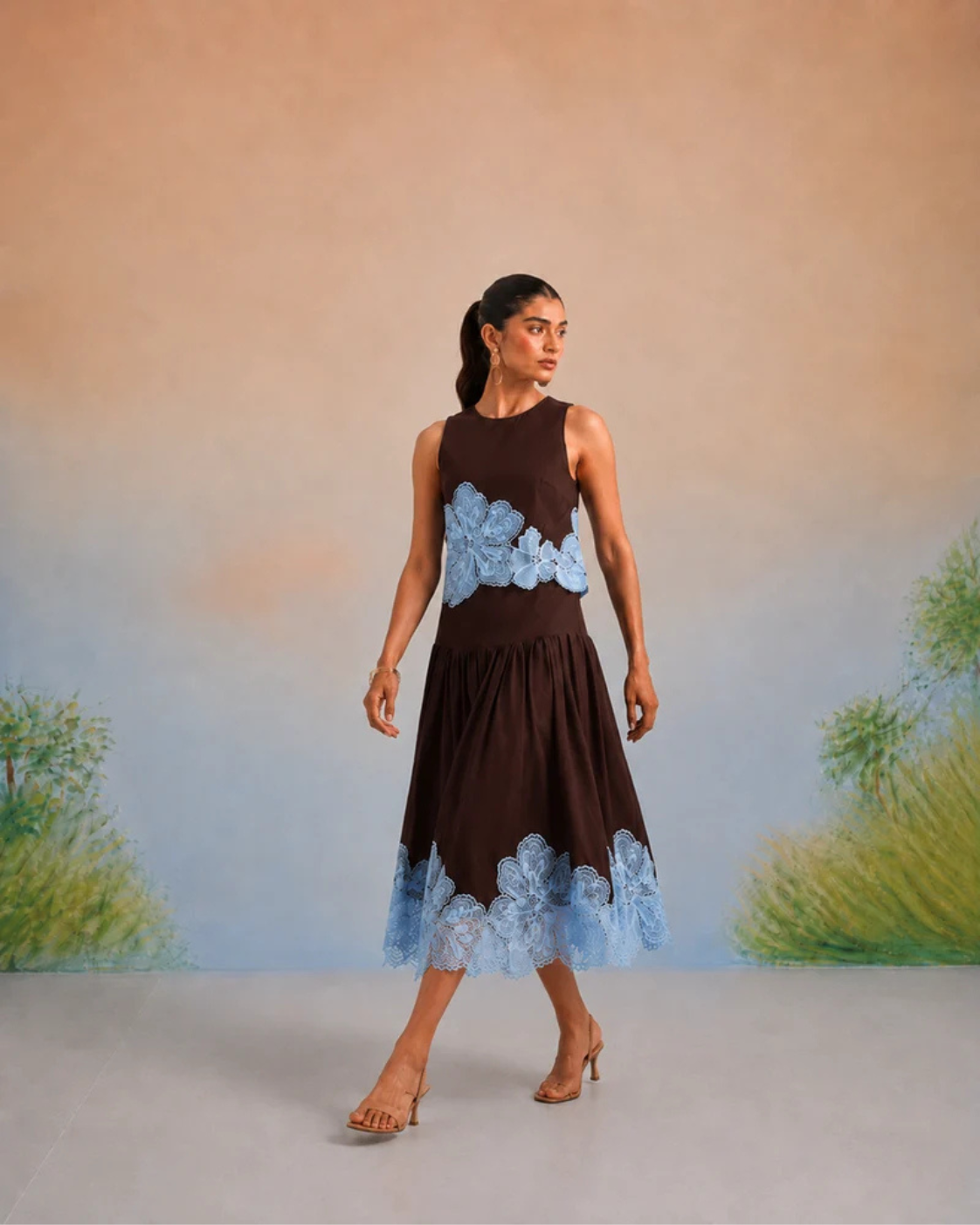 Bulevar Blossom - The Geneva Espresso & Azure Appliqué Skirt Set