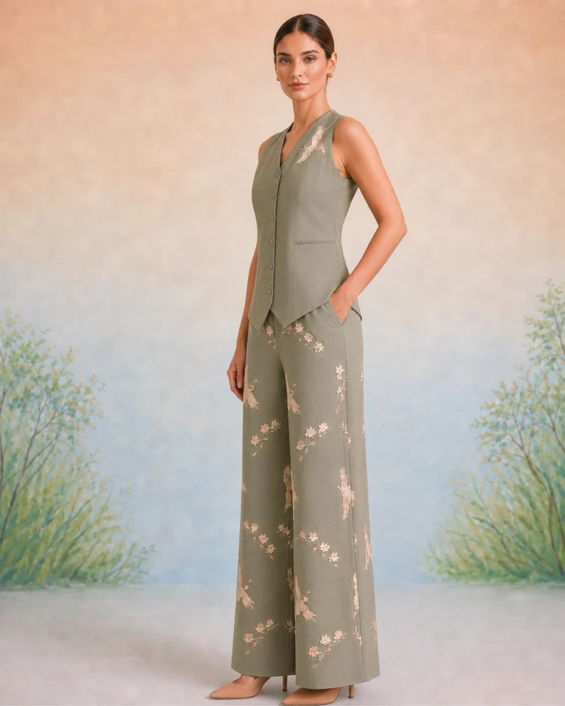 The Aveline Sage Crane Vest Set