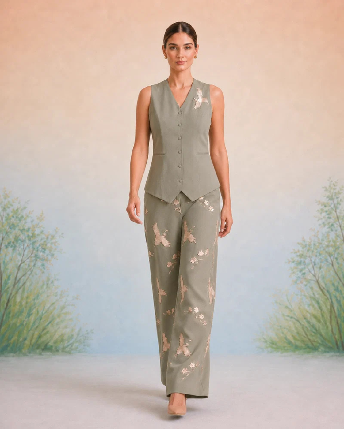 Bulevar Blossom - The Aveline Sage Crane Vest Set