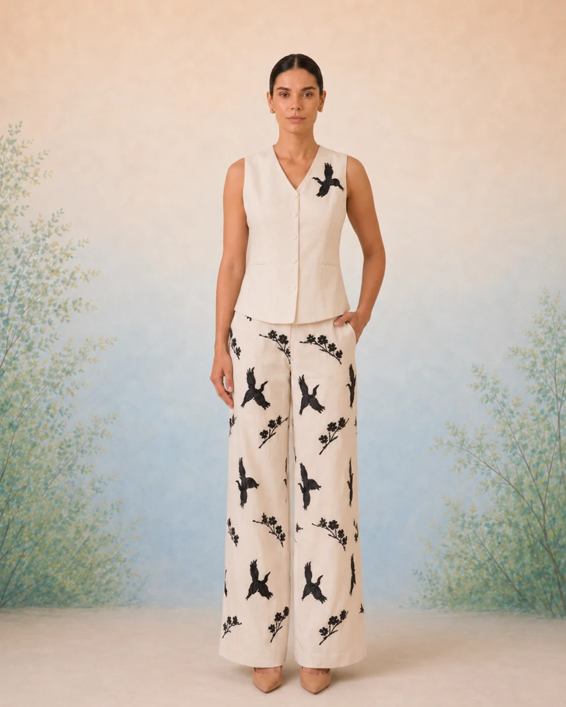 The Artemis Ivory Crane Vest Set