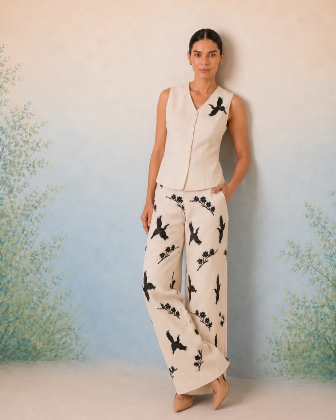 The Artemis Ivory Crane Vest Set