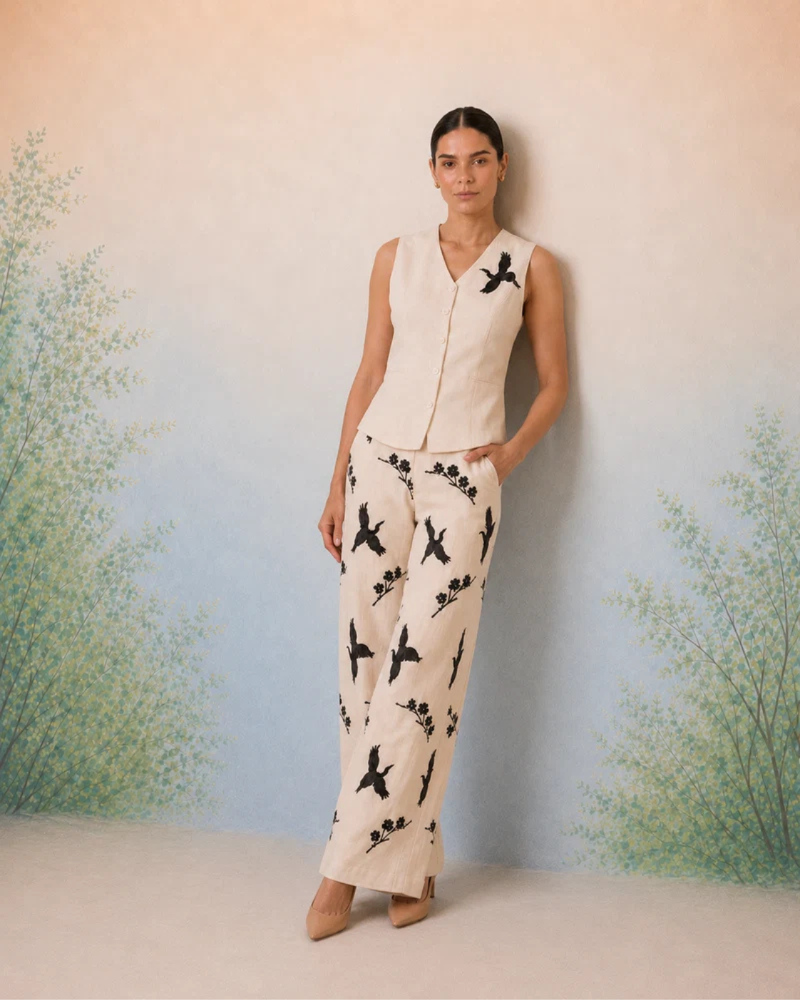 The Artemis Ivory Crane Vest Set