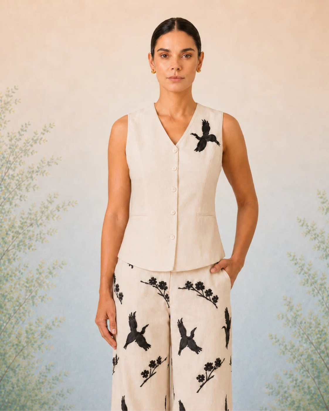 The Artemis Ivory Crane Vest Set