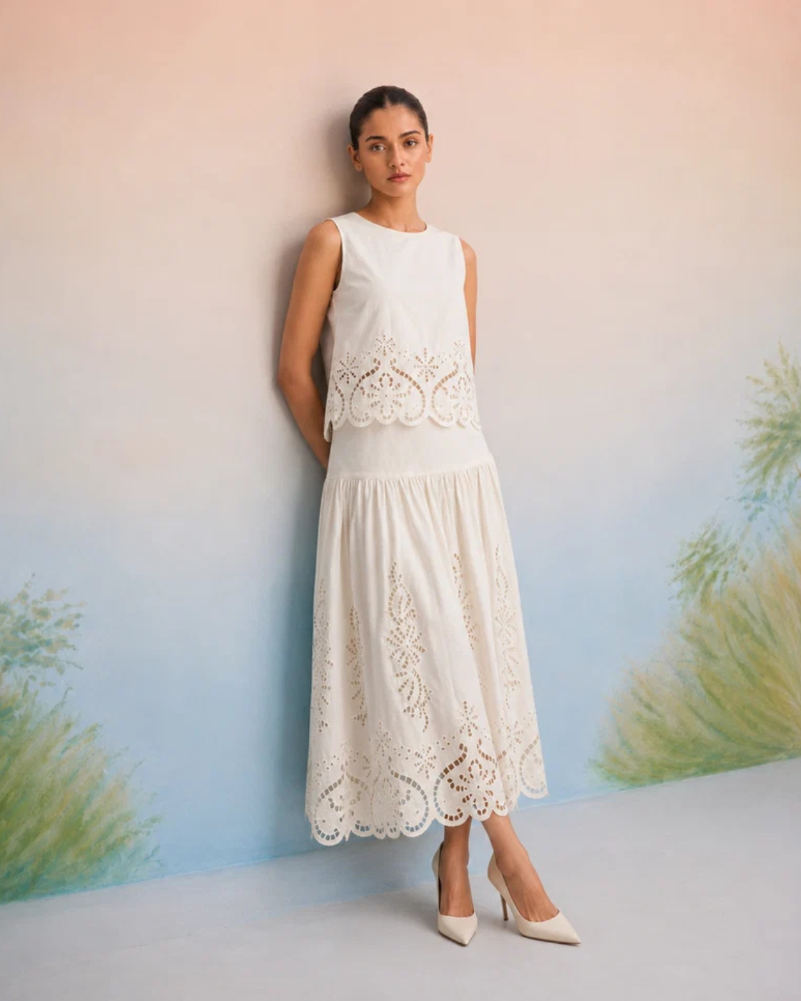Sneha Adwani in The Verona Ivory Cutwork Skirt Set