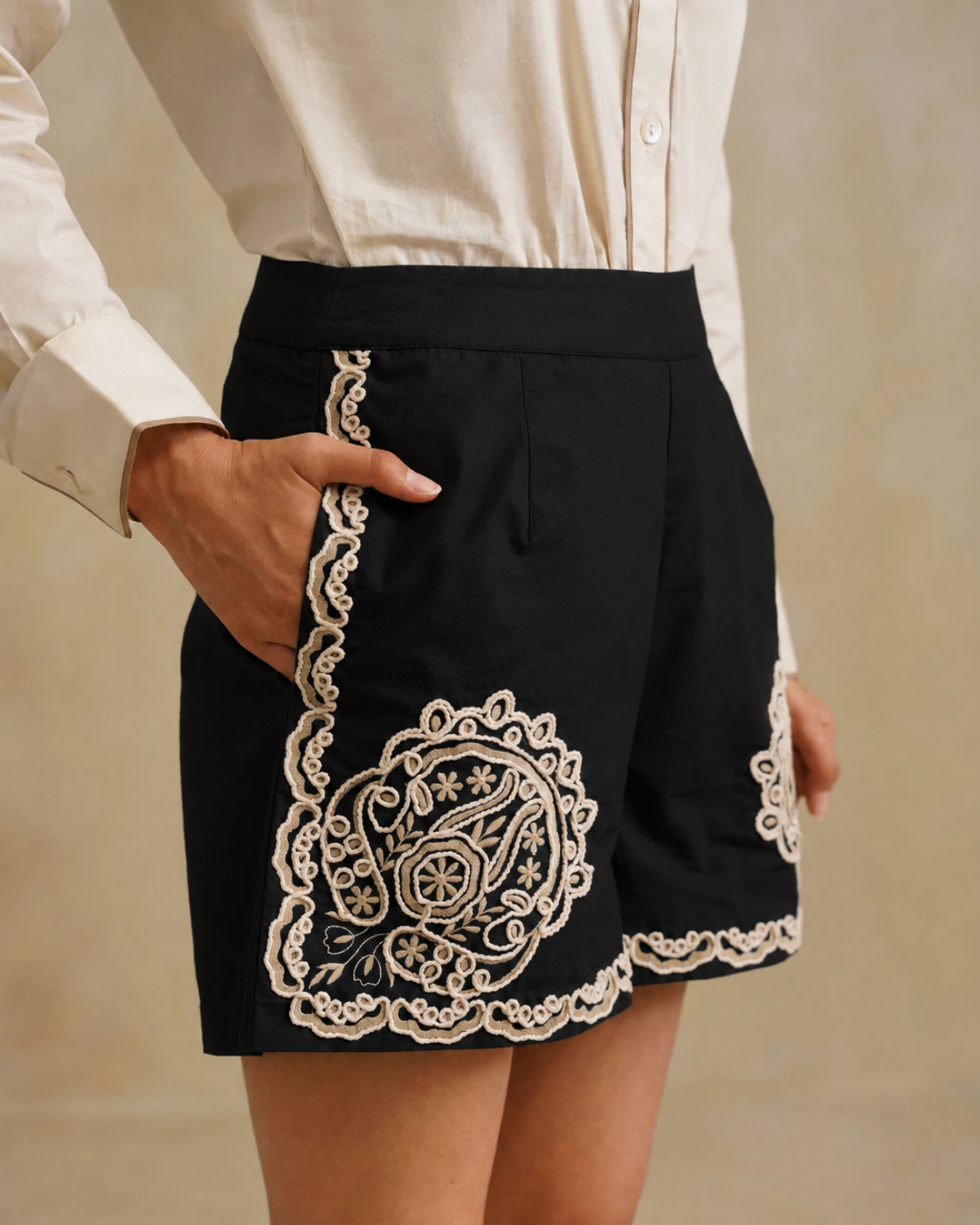 Sunset Soiree - The Noir Medallion Embroidered Shirt & Shorts Set