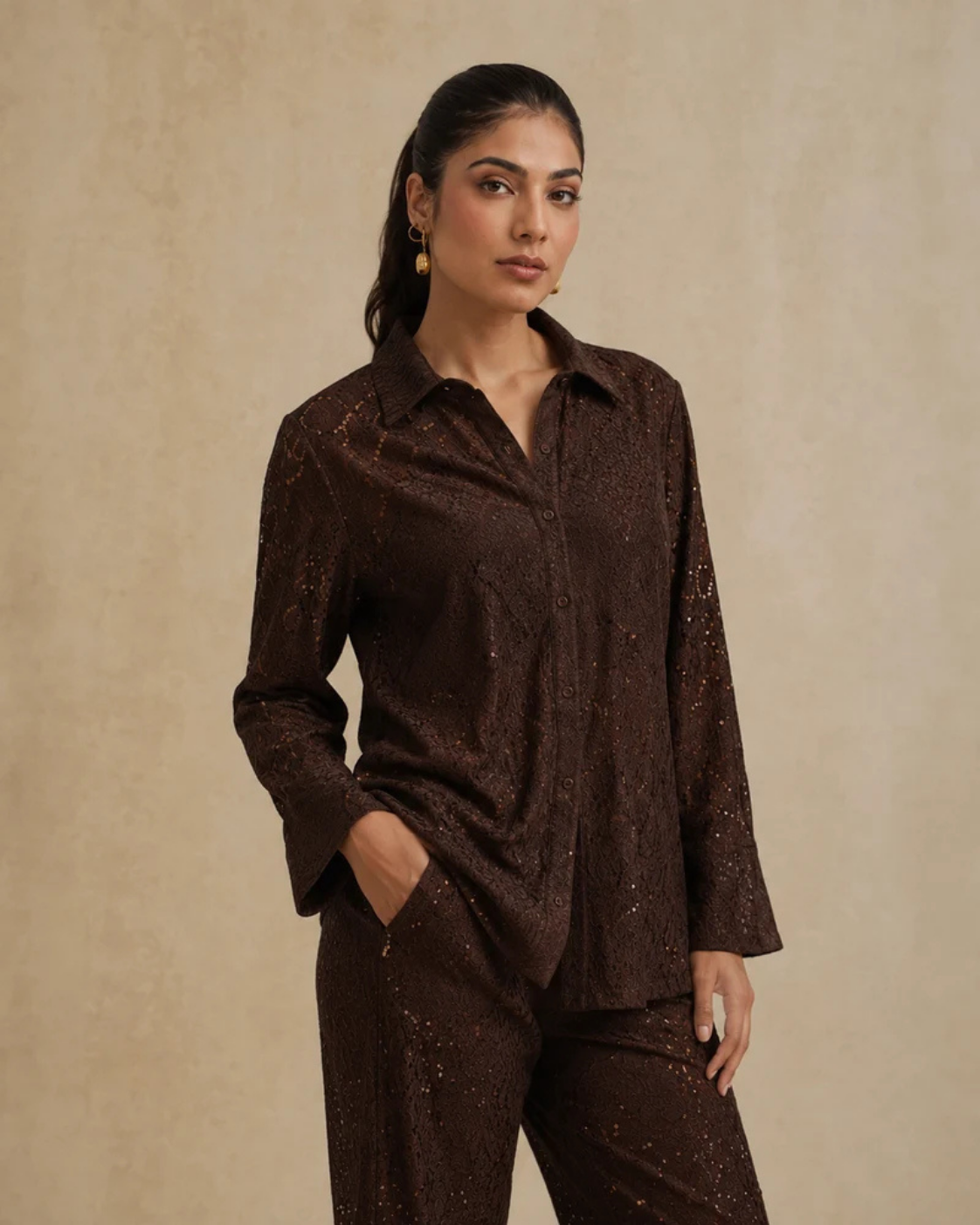 Sunset Soiree - The Havana Espresso Raschel Shirt Set