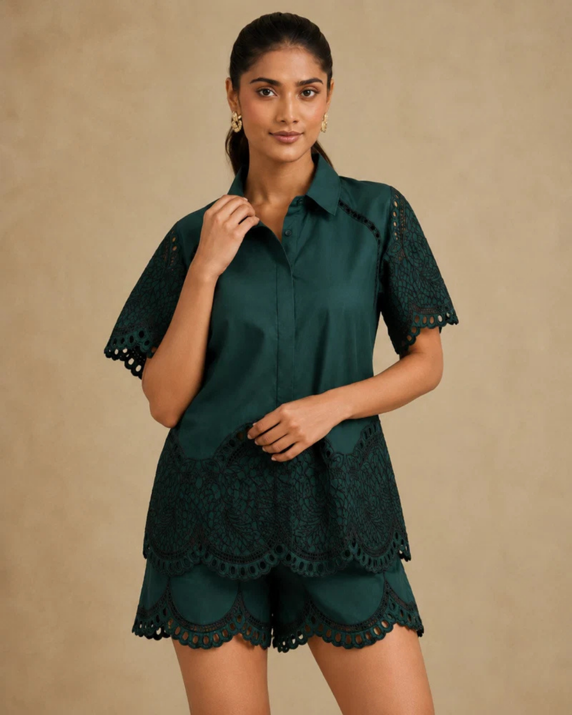 Sunset Soiree - The Verona Emerald Cutwork Short Set