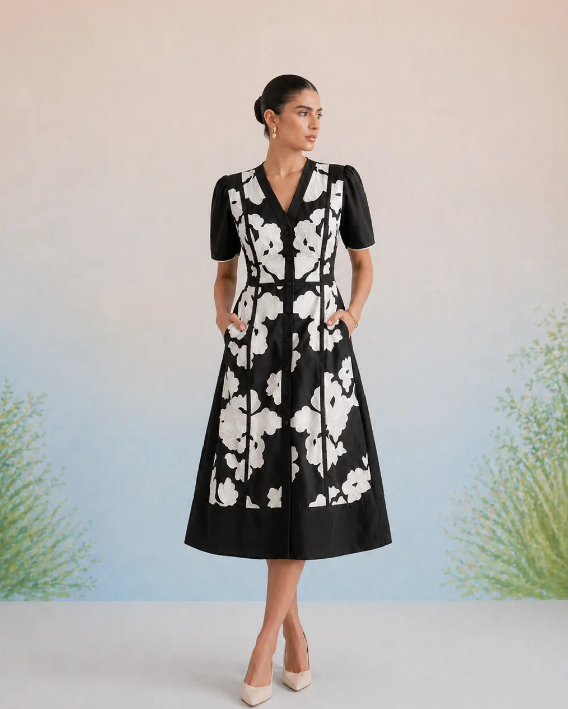 The Verona Monochrome Floral Appliqué Dress
