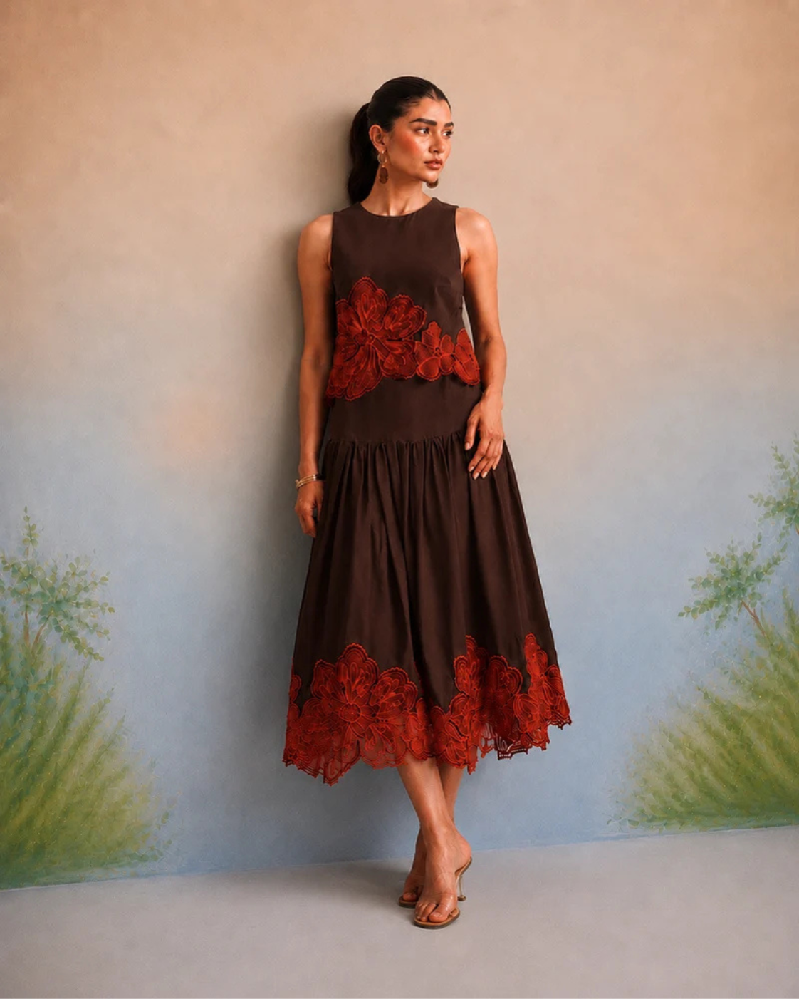 Bulevar Blossom - The Valencia Espresso & Terracotta Appliqué Skirt Set