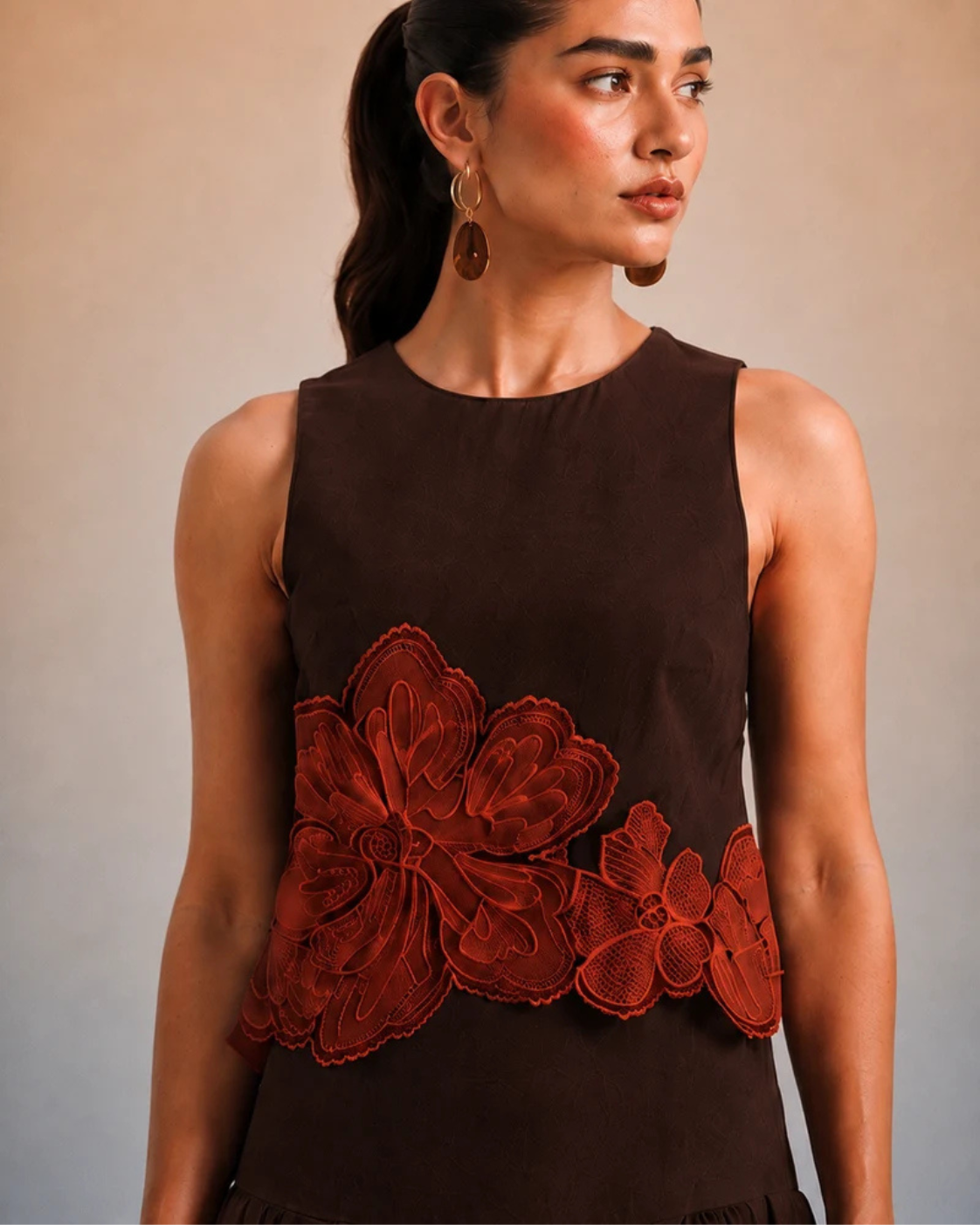 The Valencia Espresso & Terracotta Appliqué Skirt Set