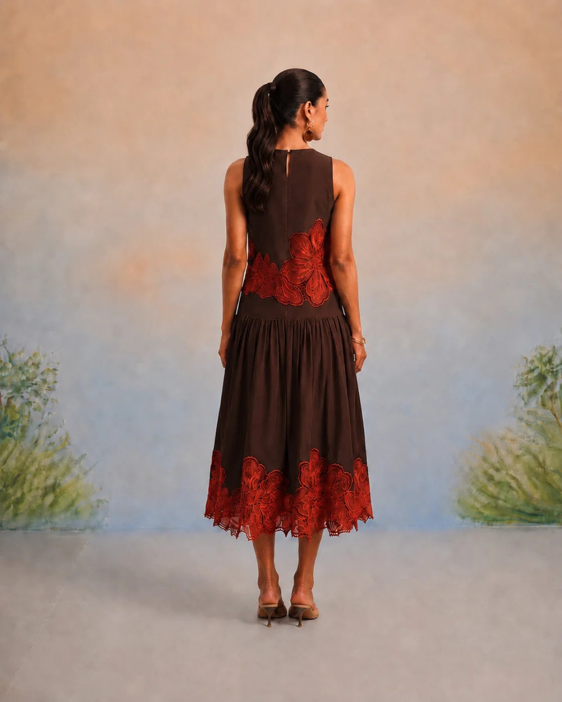The Valencia Espresso & Terracotta Appliqué Skirt Set