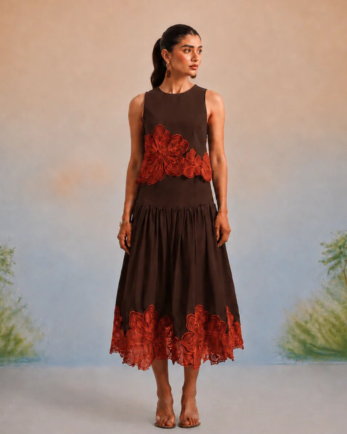 Bulevar Blossom - The Valencia Espresso & Terracotta Appliqué Skirt Set
