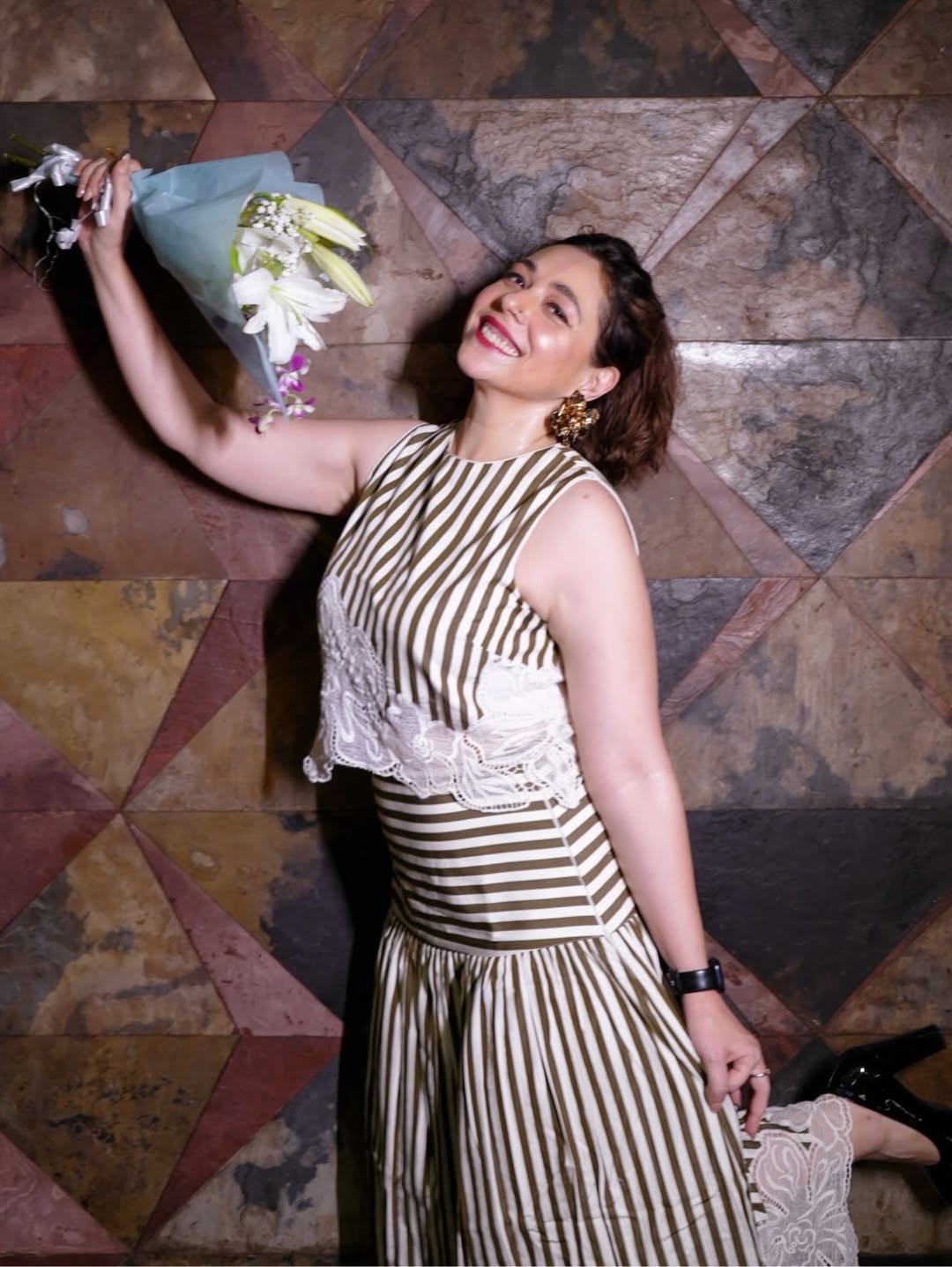 Maanvi Gagroo in The Olive Stripe Floral Appliqué Ensemble: Two-Piece Skirt Set