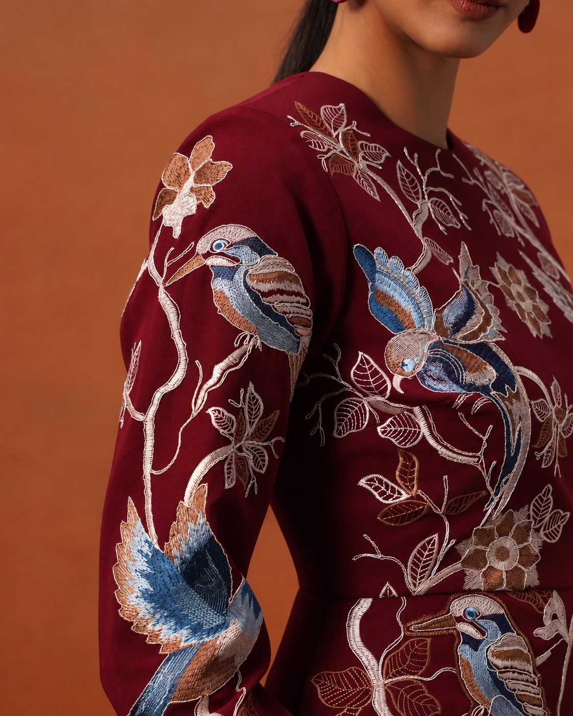 The Lumière Edit - The Valentina Burgundy Embroidered Avian Sheath Dress