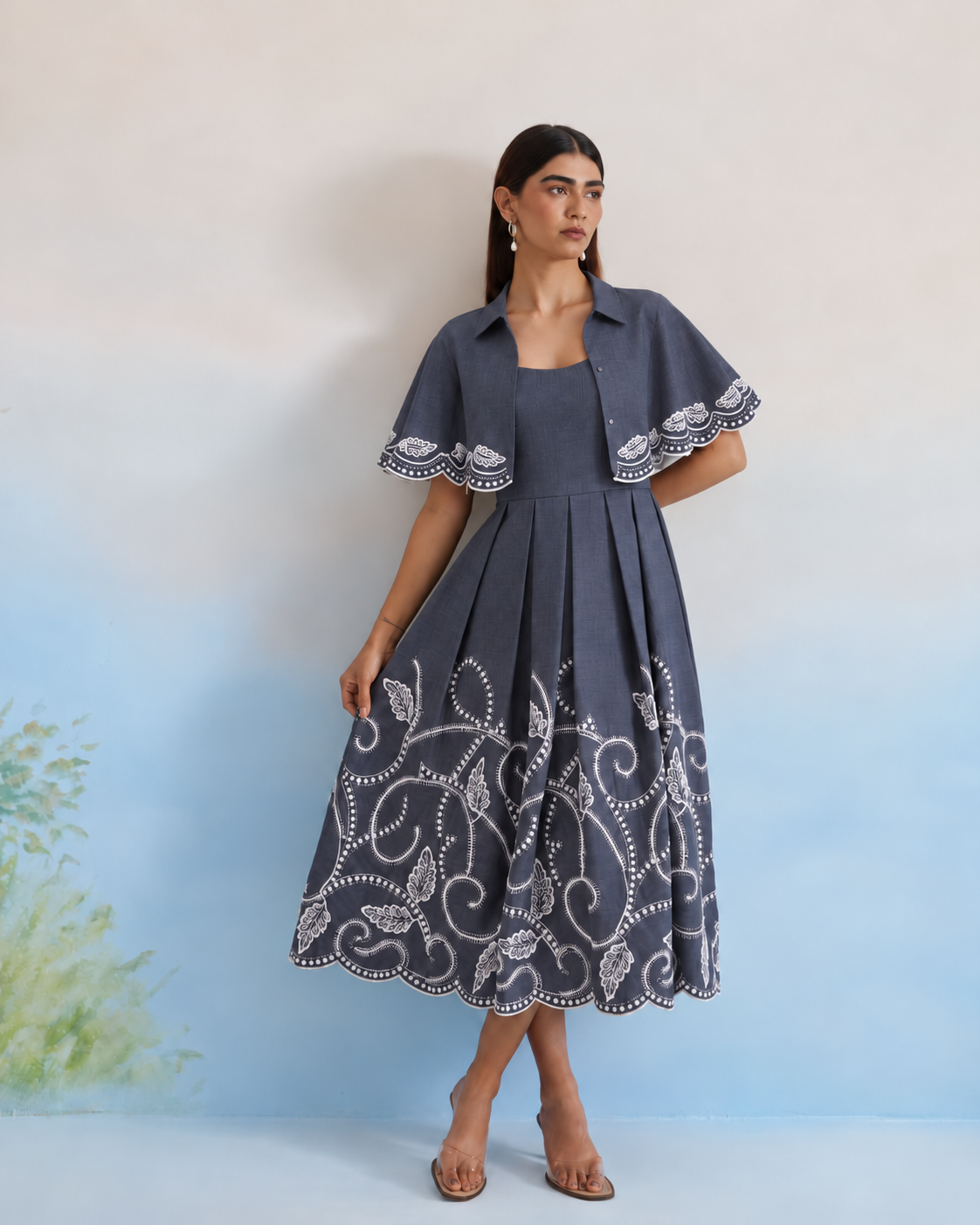 The Indigo Vine Embroidered Cape & Midi Dress Set