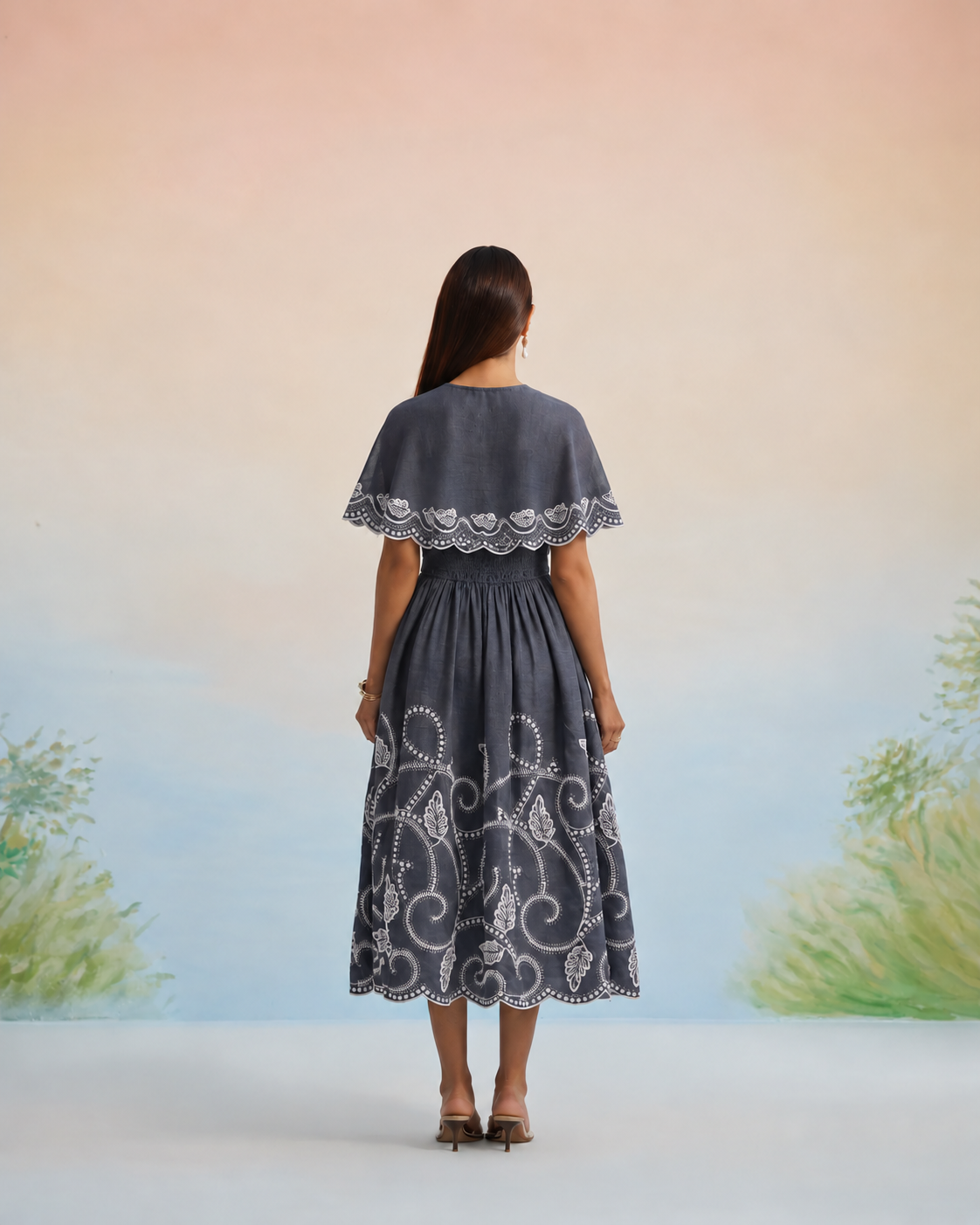 The Indigo Vine Embroidered Cape & Midi Dress Set