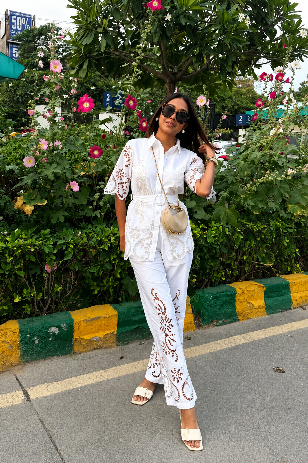 Cipia Artul in The Casablanca Ivory White Cutwork Shirt & Pant Set