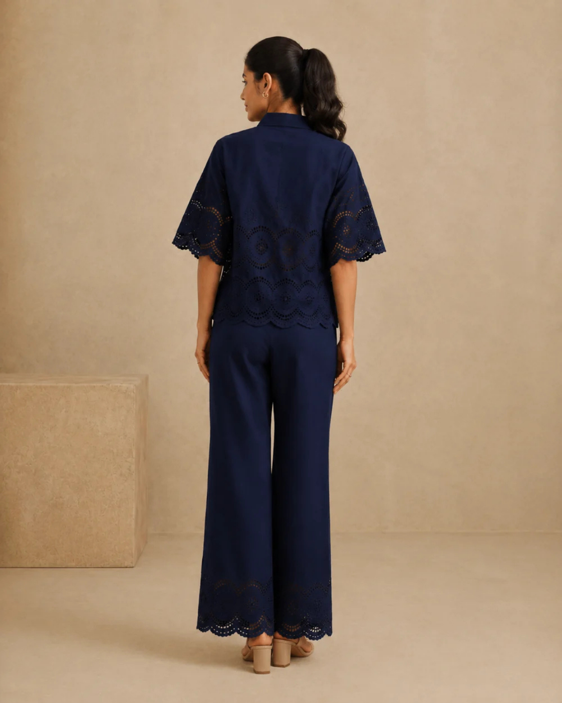 The Marlowe Navy Eyelet Shirt & Trouser Set | 24-Hr Dispatch