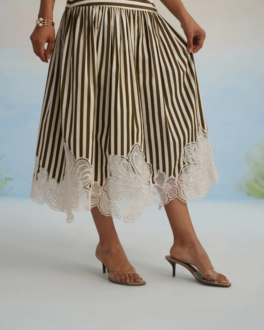 The Olive Stripe Floral Appliqué Ensemble: Two-Piece Skirt Set