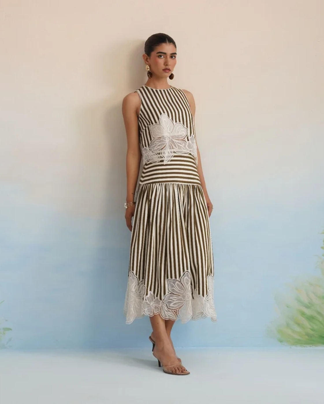 The Olive Stripe Floral Appliqué Ensemble: Two-Piece Skirt Set | 24-Hr Dispatch