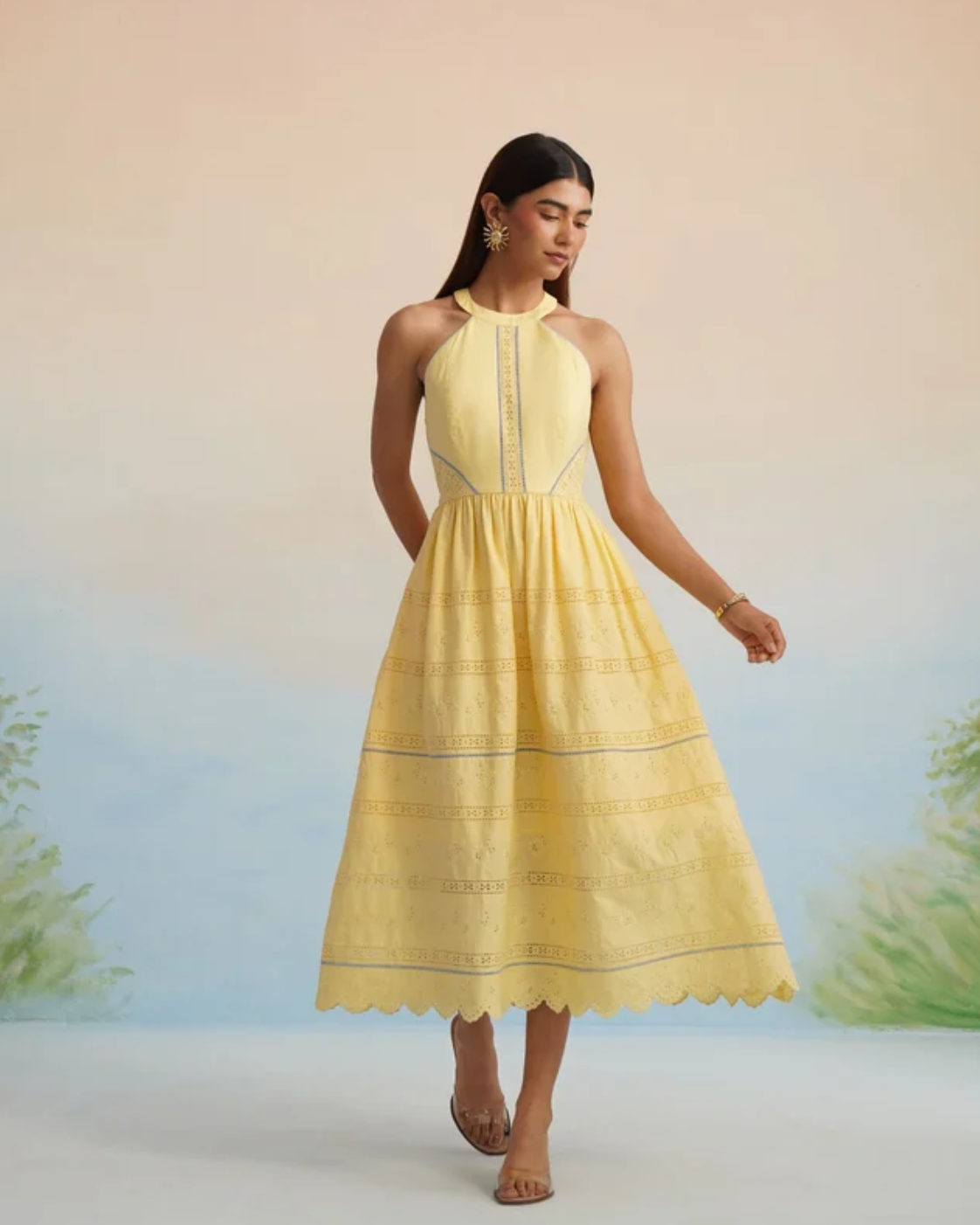 Bulevar Blossom - The Bulevar Yellow Eyelet Halter Midi Dress