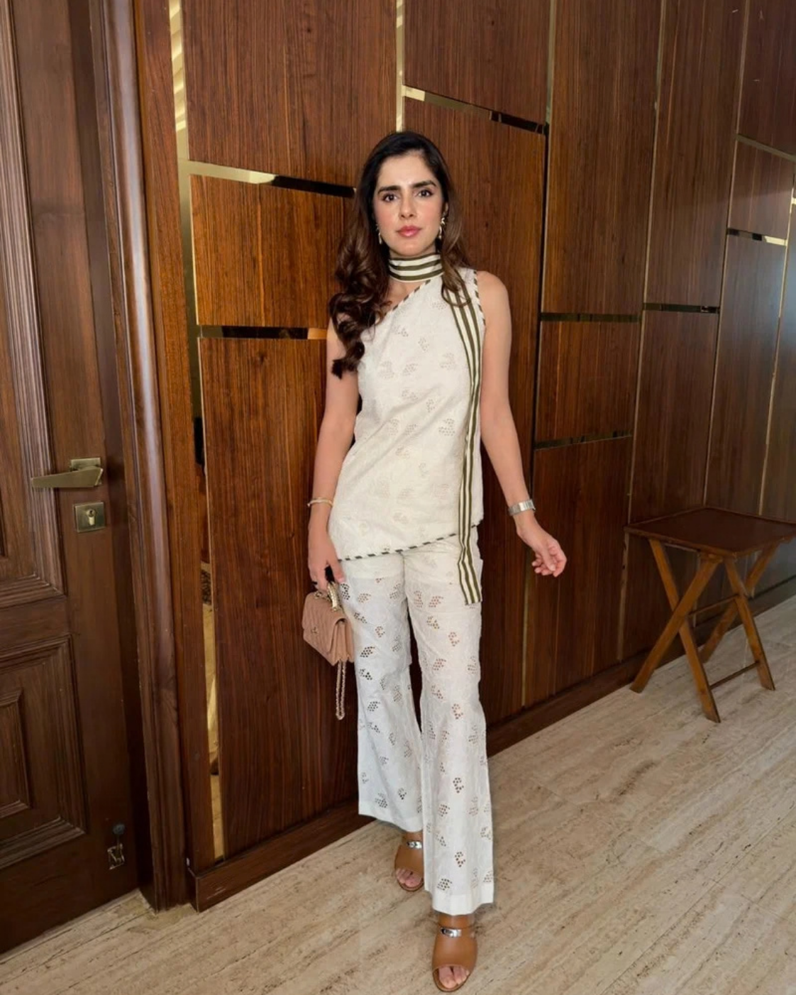 Sharnamli Mehra in The Santorini One-Shoulder Cutwork Pant Set