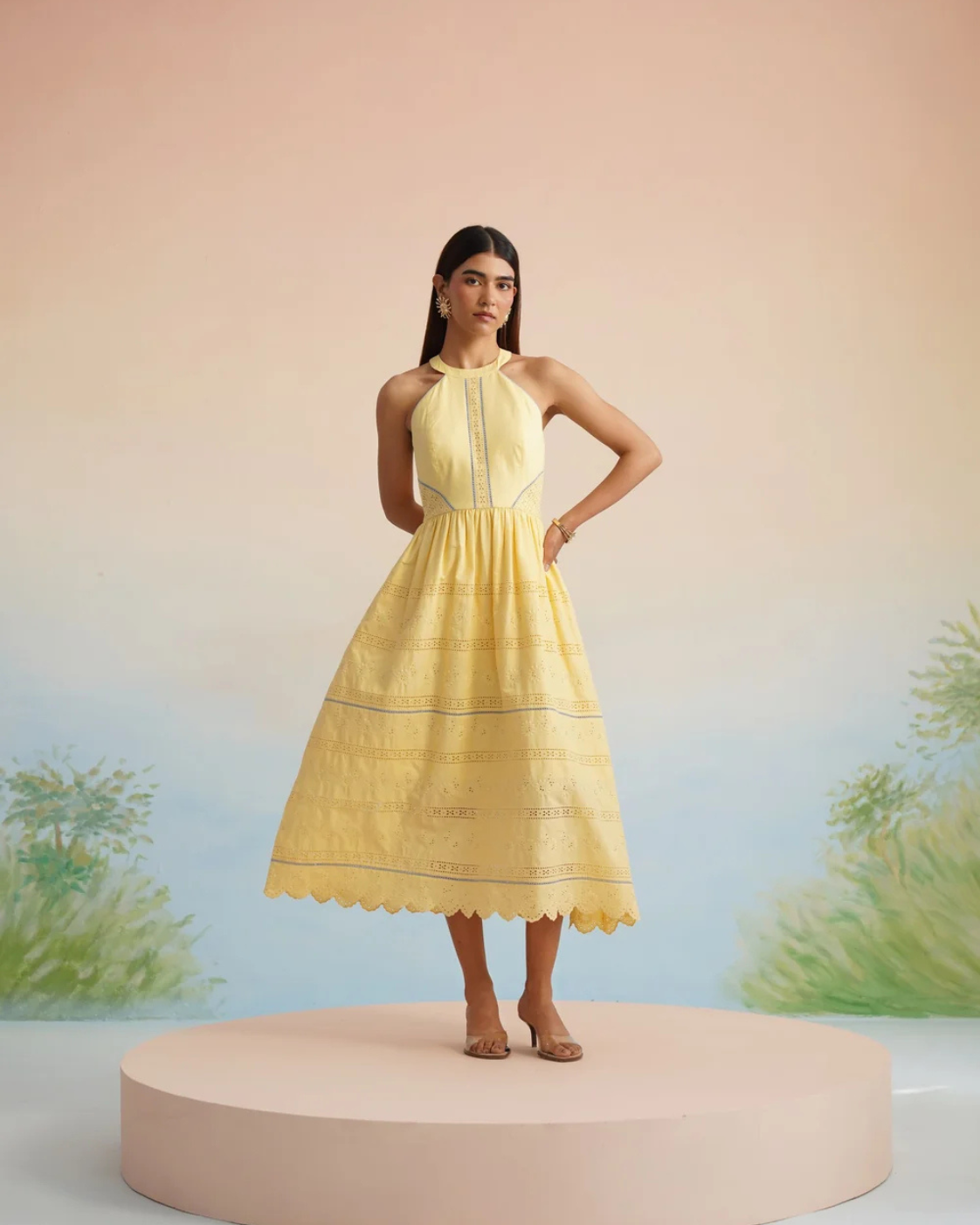 The Bulevar Yellow Eyelet Halter Midi Dress | 24-Hr Dispatch