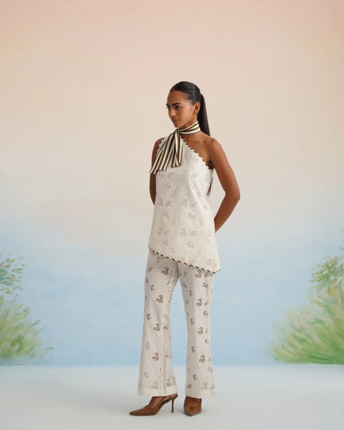 The Santorini One-Shoulder Cutwork Pant Set