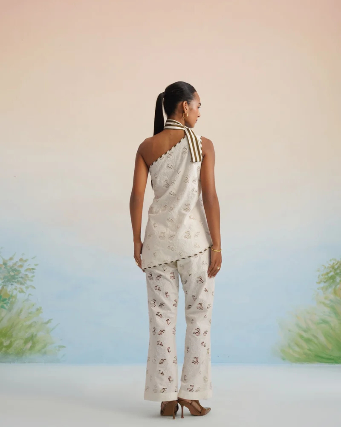 The Santorini One-Shoulder Cutwork Pant Set