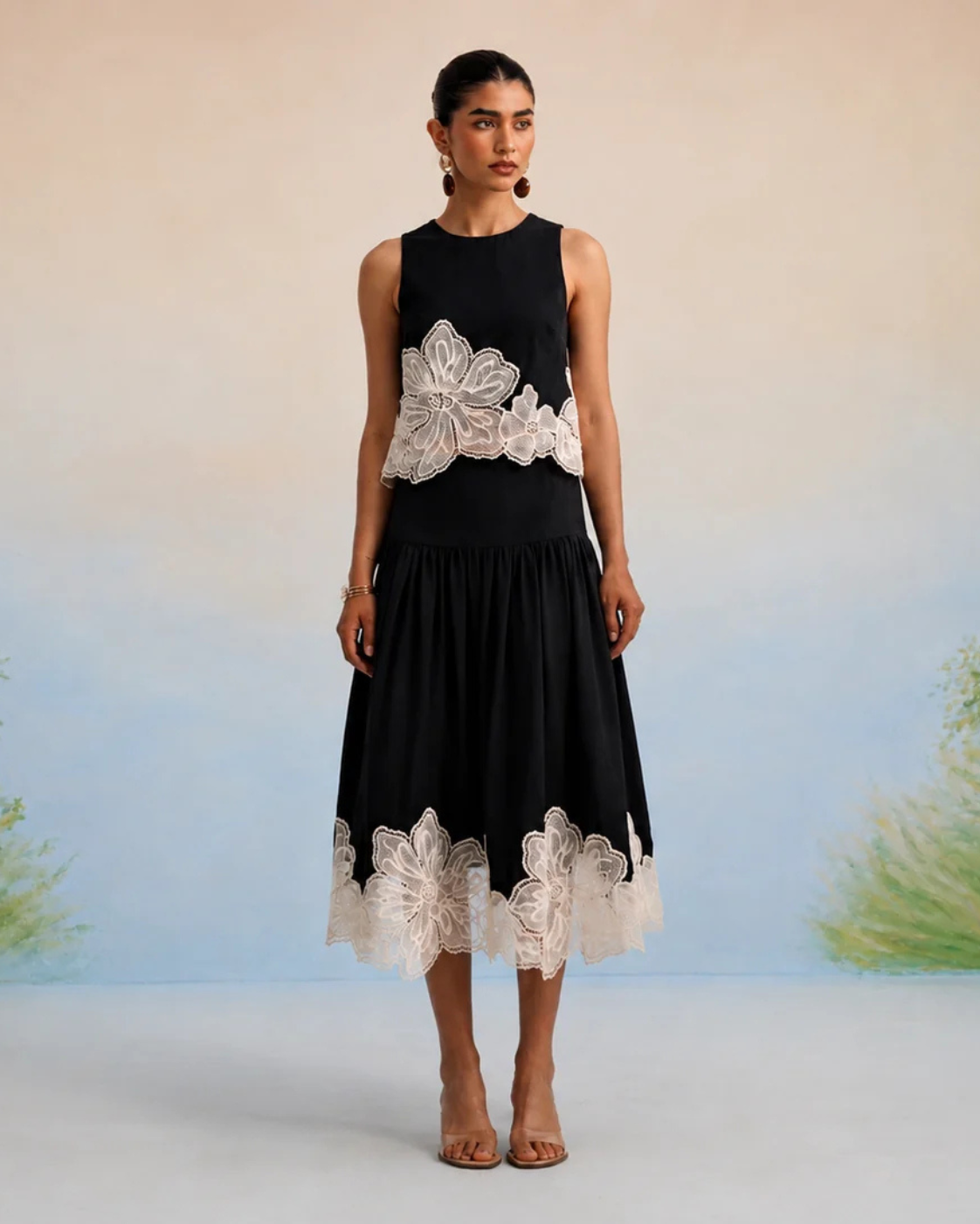 The Vienna Black Floral Appliqué Skirt Set