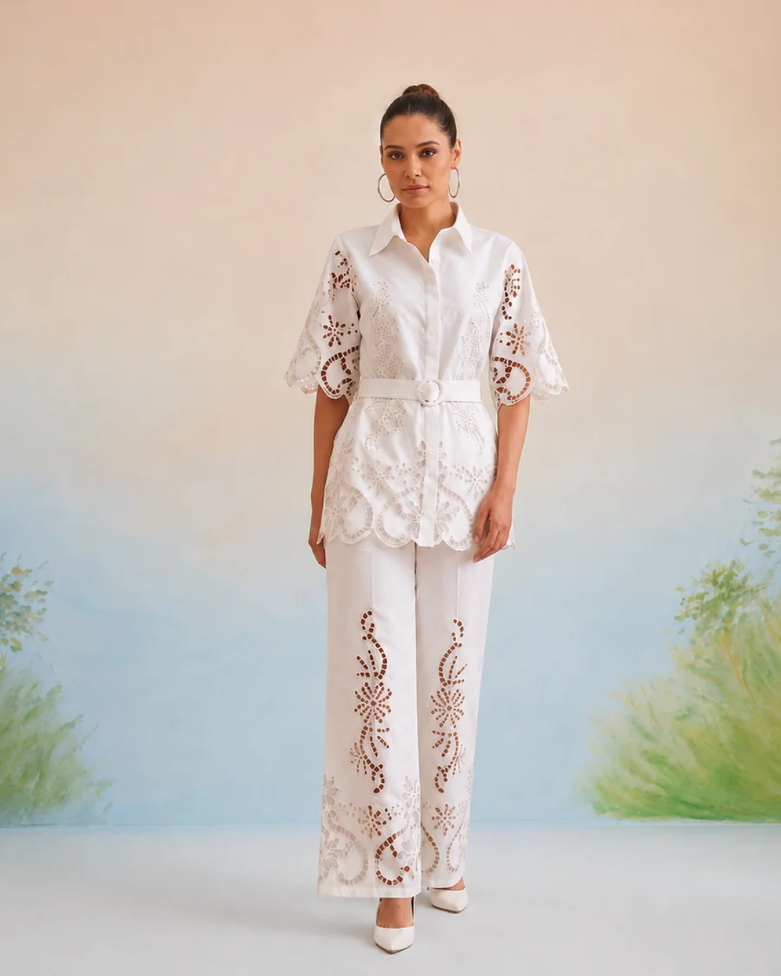 Bulevar Blossom - The Casablanca Ivory White Cutwork Shirt & Pant Set