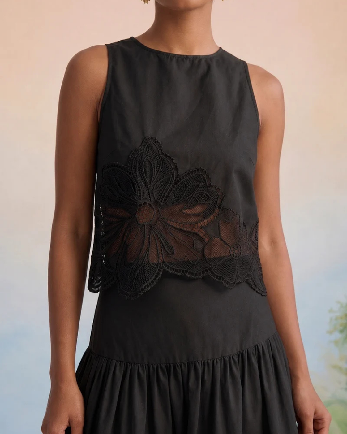 The Onyx Black Floral Appliqué Skirt Set