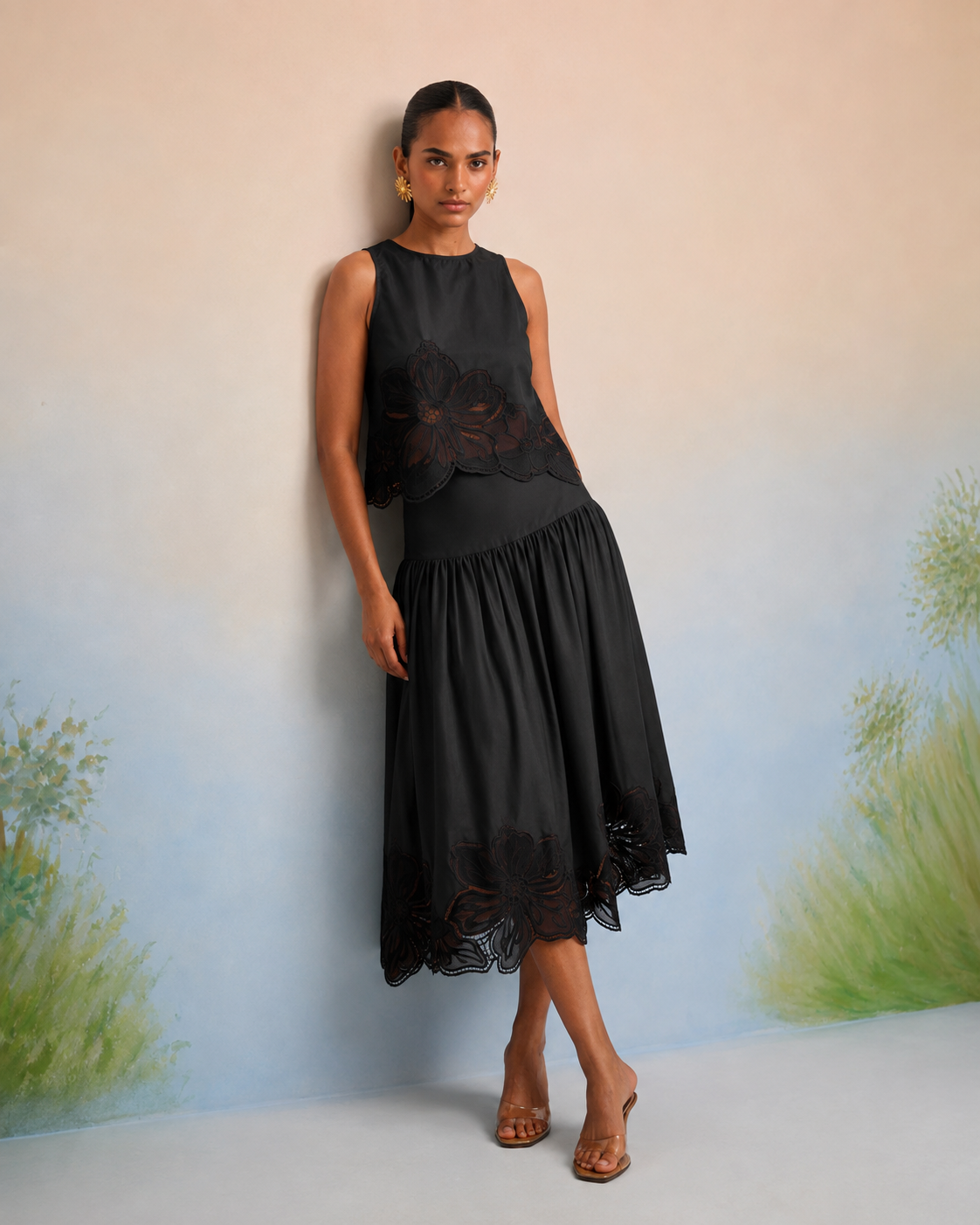 Bulevar Blossom - The Onyx Black Floral Appliqué Skirt Set