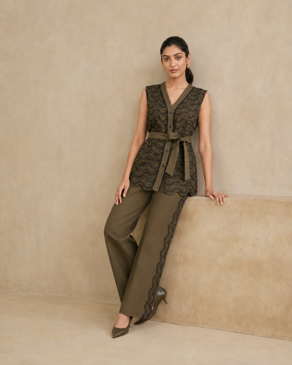 Sunset Soiree - The Olive Wave Sleeveless Shirt & Trouser Set