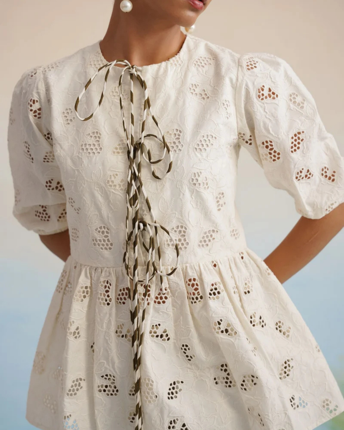 The Isla Ivory Cutwork Peplum Pant Set
