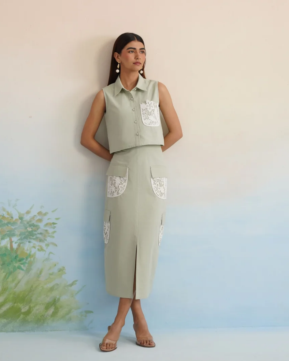 Bulevar Blossom - The Oasis Sage Green Lace-Detailed Cargo Skirt Set