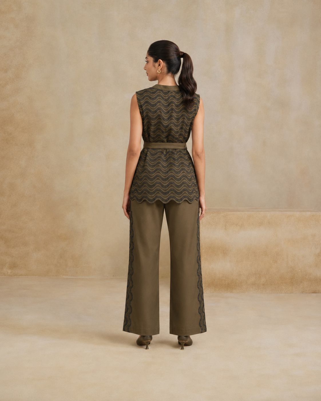 Sunset Soiree - The Olive Wave Sleeveless Shirt & Trouser Set