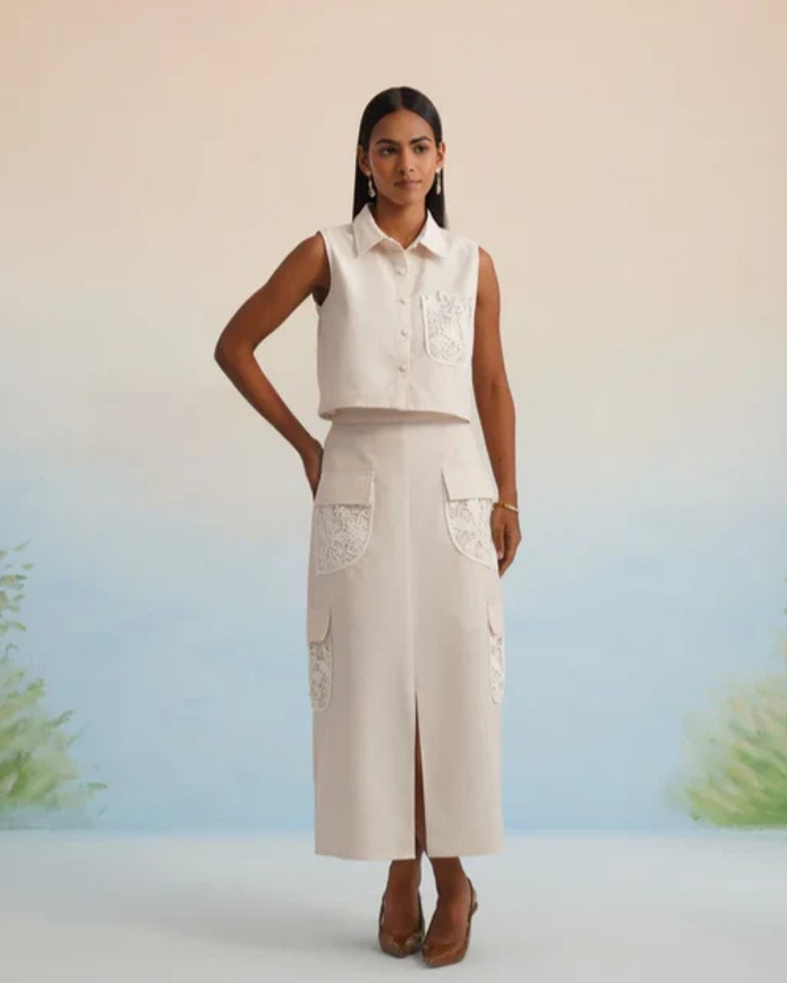 Bulevar Blossom - The Oasis Ivory Lace-Detailed Cargo Skirt Set